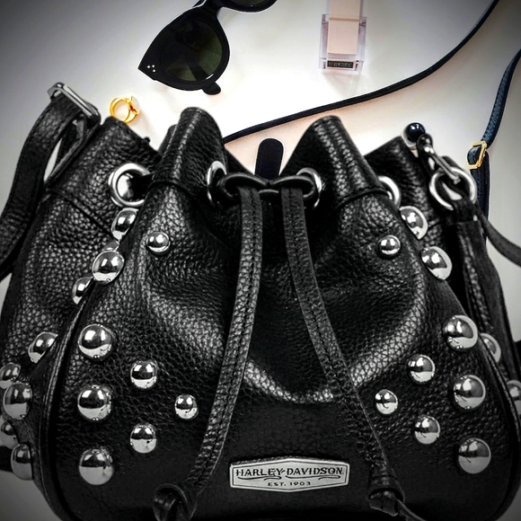 Harley-Davidson Handbags - Womens Harley-Davidson Silver Studded Genuine Leather Drawstring Crossbody Purse